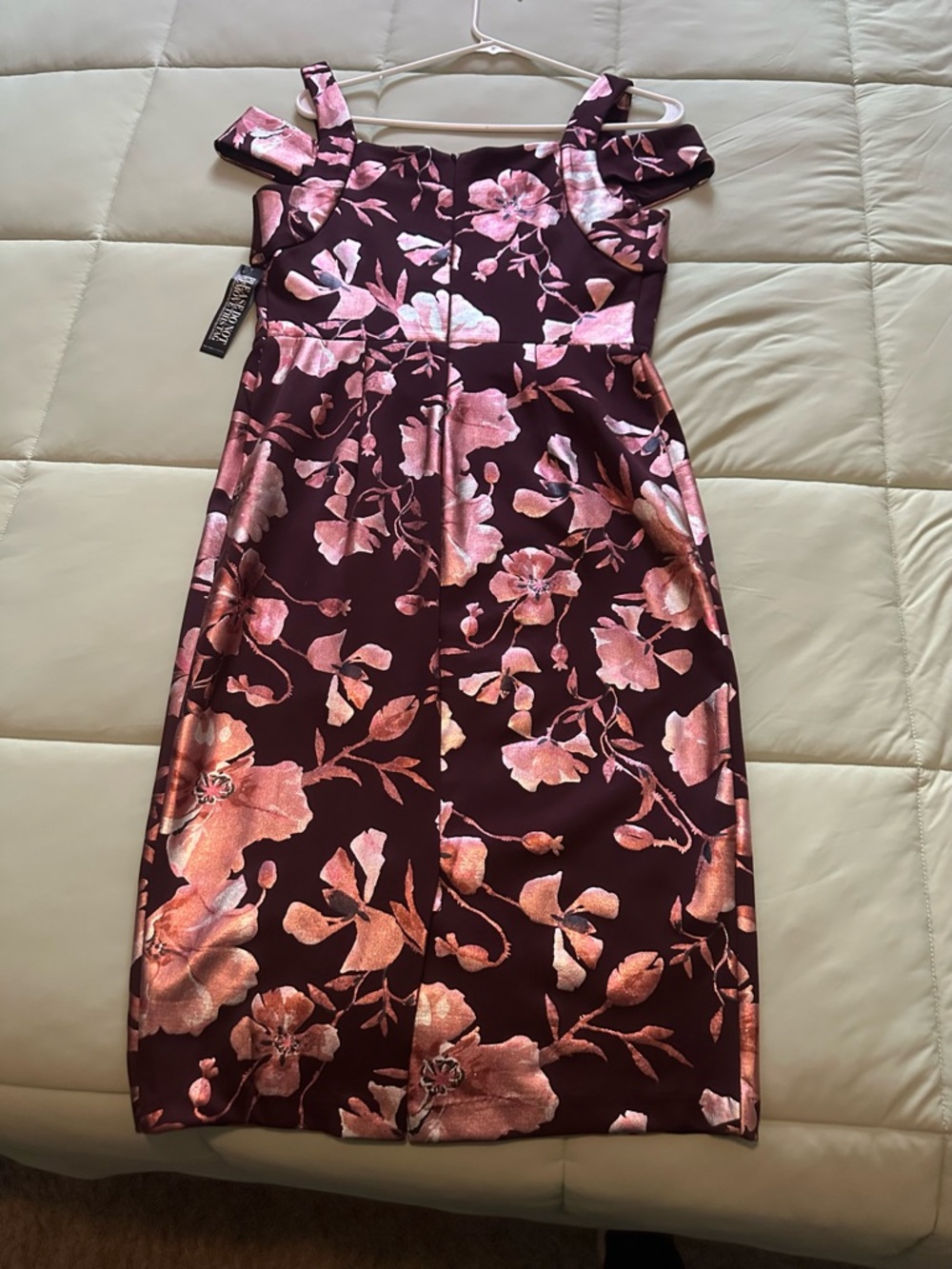 New York & Company Burgundy Floral Midi Dress with Pink Metallic Flowers